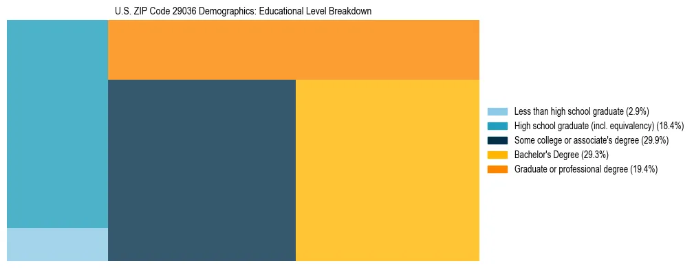 Treemap chart illustrating the educational attainment breakdown for population 25 years and over in US ZIP Code 29036.