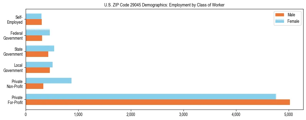 Horizontal bar chart showing employment distribution by class of worker and gender in US ZIP Code 29045, based on 2023 ACS data.