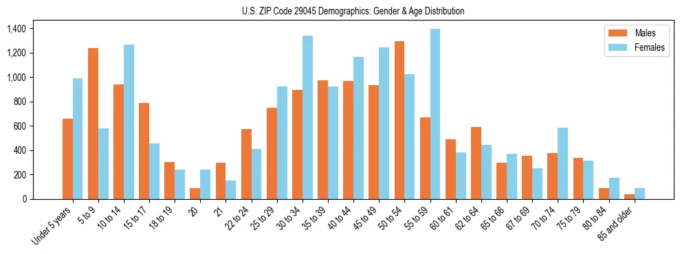 Bar chart showing the population distribution of US ZIP Code 29045 by age group and gender, based on 2023 ACS data.