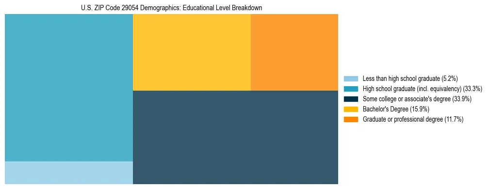 Treemap chart illustrating the educational attainment breakdown for population 25 years and over in US ZIP Code 29054.