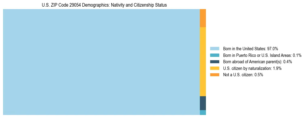 Treemap showing the population distribution by nativity and citizenship status in US ZIP Code 29054 based on U.S. Census data.