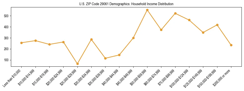 Horizontal bar chart showing household income distribution in US ZIP Code 29061.