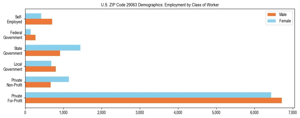 Horizontal bar chart showing employment distribution by class of worker and gender in US ZIP Code 29063, based on 2023 ACS data.