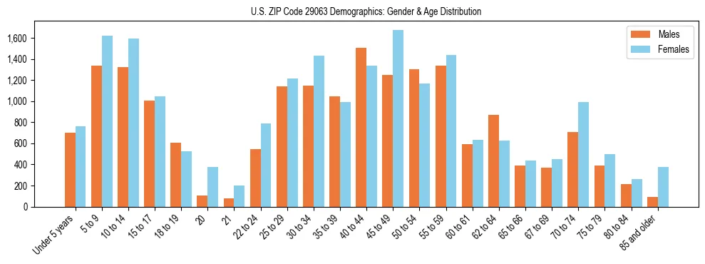Bar chart showing the population distribution of US ZIP Code 29063 by age group and gender, based on 2023 ACS data.
