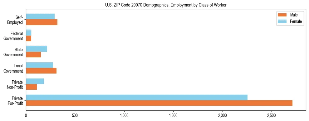 Horizontal bar chart showing employment distribution by class of worker and gender in US ZIP Code 29070, based on 2023 ACS data.