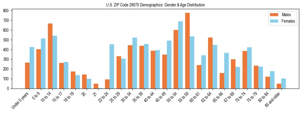 Bar chart showing the population distribution of US ZIP Code 29070 by age group and gender, based on 2023 ACS data.
