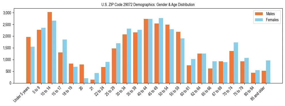 Bar chart showing the population distribution of US ZIP Code 29072 by age group and gender, based on 2023 ACS data.