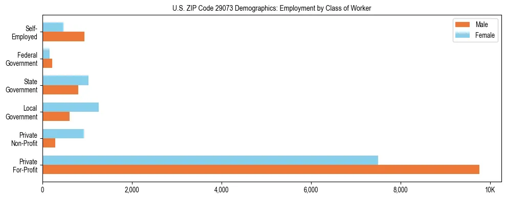 Horizontal bar chart showing employment distribution by class of worker and gender in US ZIP Code 29073, based on 2023 ACS data.