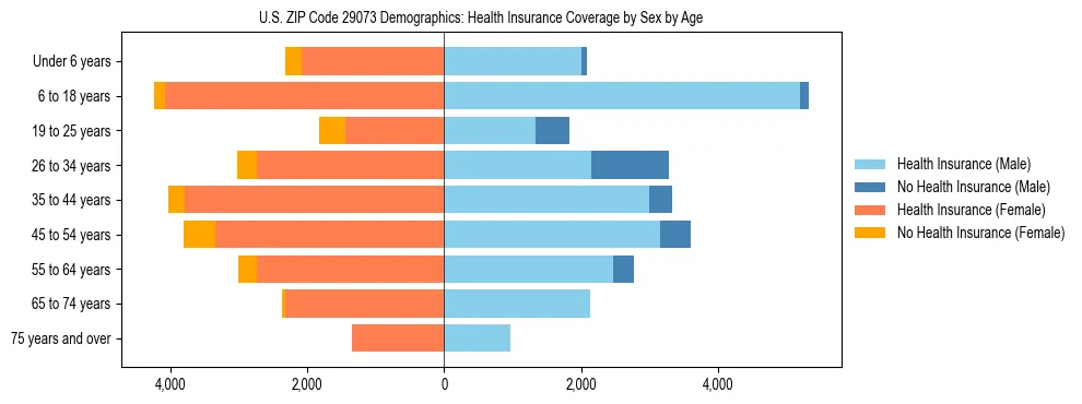 Pyramid chart showing health insurance coverage by age and sex in US ZIP Code 29073.