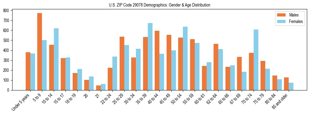 Bar chart showing the population distribution of US ZIP Code 29078 by age group and gender, based on 2023 ACS data.
