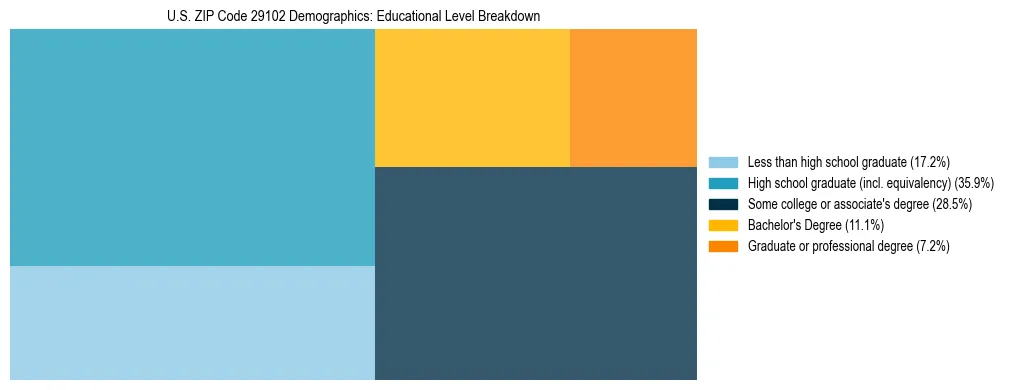 Treemap chart illustrating the educational attainment breakdown for population 25 years and over in US ZIP Code 29102.