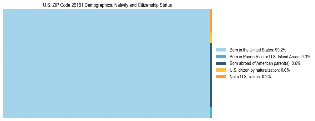 Treemap showing the population distribution by nativity and citizenship status in US ZIP Code 29161 based on U.S. Census data.
