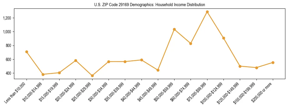 Horizontal bar chart showing household income distribution in US ZIP Code 29169.