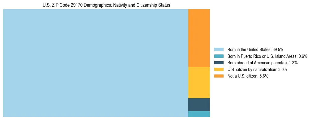 Treemap showing the population distribution by nativity and citizenship status in US ZIP Code 29170 based on U.S. Census data.