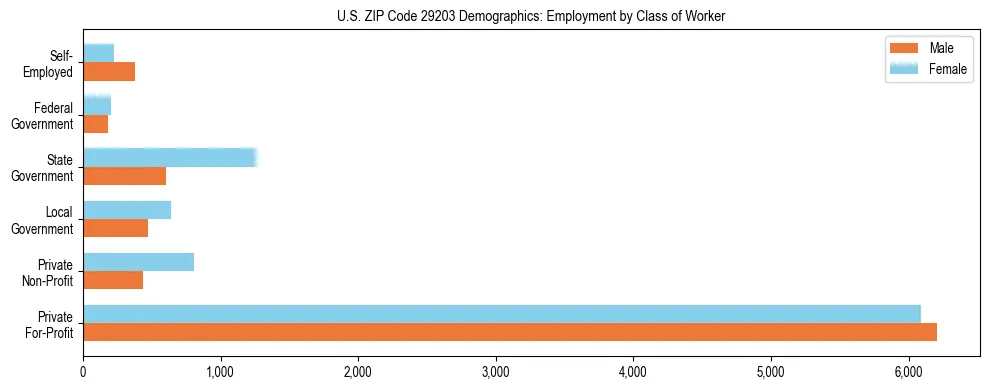 Horizontal bar chart showing employment distribution by class of worker and gender in US ZIP Code 29203, based on 2023 ACS data.