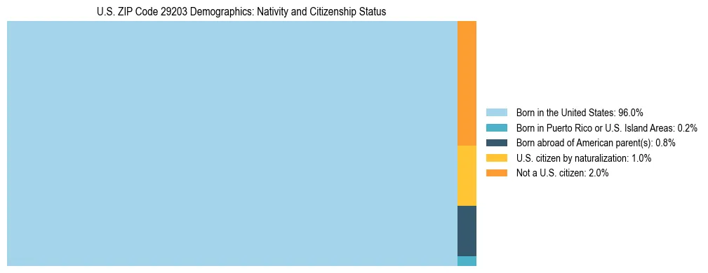 Treemap showing the population distribution by nativity and citizenship status in US ZIP Code 29203 based on U.S. Census data.
