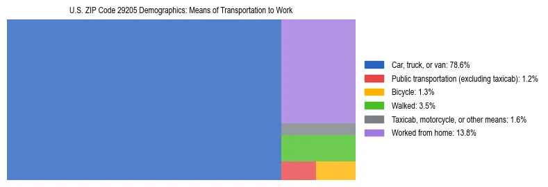 Treemap showing means of transportation to work distribution in US ZIP Code 29205.