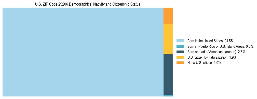 Treemap showing the population distribution by nativity and citizenship status in US ZIP Code 29206 based on U.S. Census data.