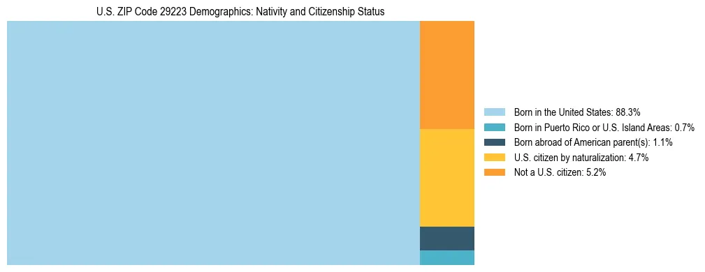 Treemap showing the population distribution by nativity and citizenship status in US ZIP Code 29223 based on U.S. Census data.