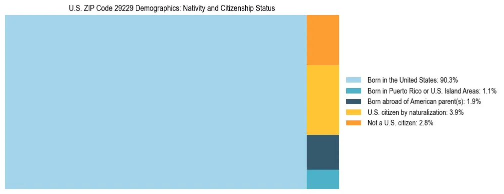Treemap showing the population distribution by nativity and citizenship status in US ZIP Code 29229 based on U.S. Census data.