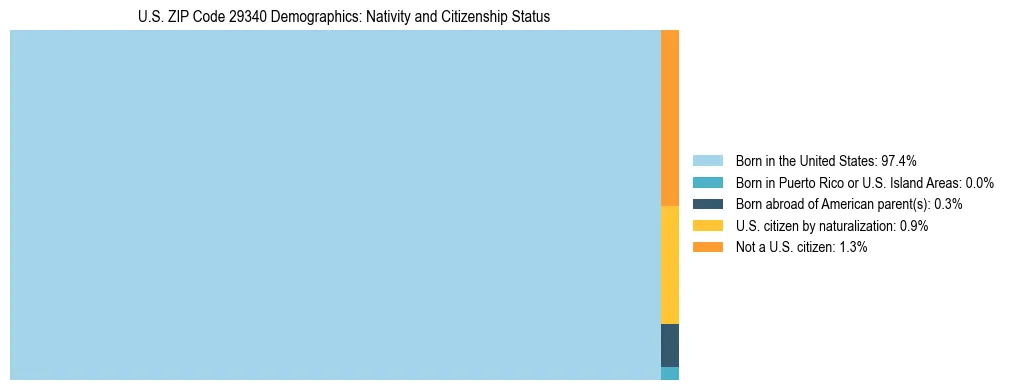 Treemap showing the population distribution by nativity and citizenship status in US ZIP Code 29340 based on U.S. Census data.