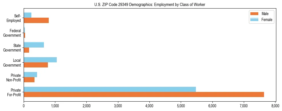 Horizontal bar chart showing employment distribution by class of worker and gender in US ZIP Code 29349, based on 2023 ACS data.