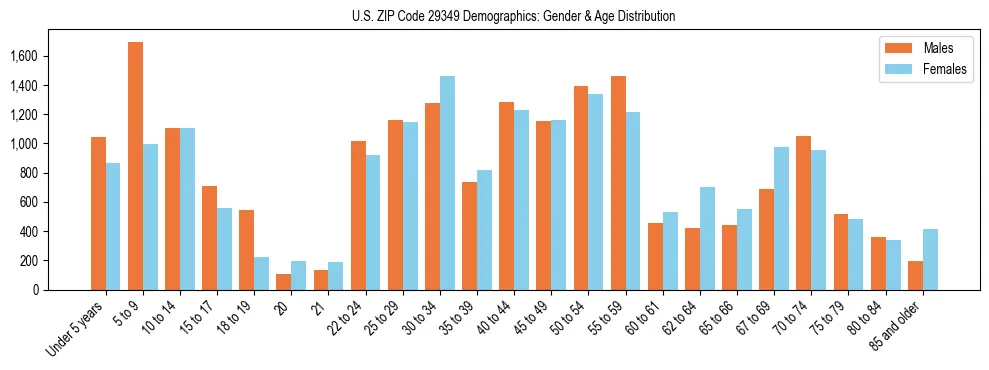 Bar chart showing the population distribution of US ZIP Code 29349 by age group and gender, based on 2023 ACS data.