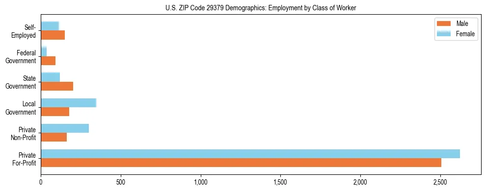 Horizontal bar chart showing employment distribution by class of worker and gender in US ZIP Code 29379, based on 2023 ACS data.