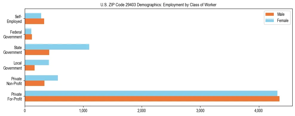 Horizontal bar chart showing employment distribution by class of worker and gender in US ZIP Code 29403, based on 2023 ACS data.