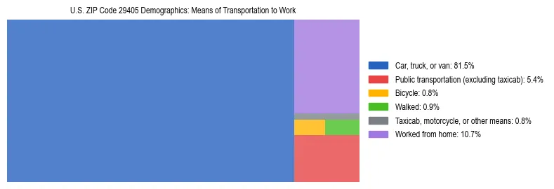 Treemap showing means of transportation to work distribution in US ZIP Code 29405.