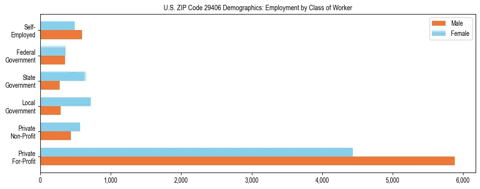 Horizontal bar chart showing employment distribution by class of worker and gender in US ZIP Code 29406, based on 2023 ACS data.