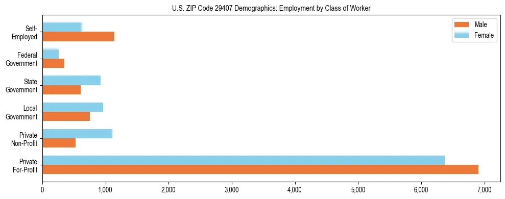 Horizontal bar chart showing employment distribution by class of worker and gender in US ZIP Code 29407, based on 2023 ACS data.