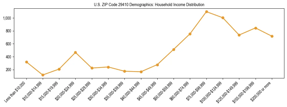 Horizontal bar chart showing household income distribution in US ZIP Code 29410.