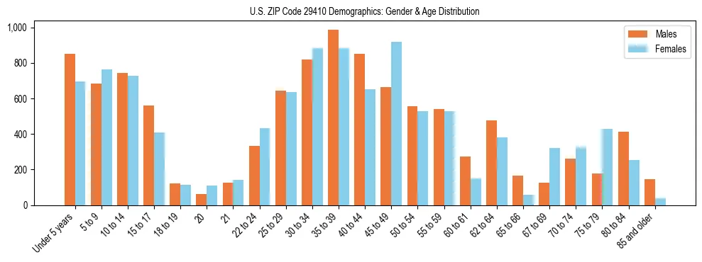 Bar chart showing the population distribution of US ZIP Code 29410 by age group and gender, based on 2023 ACS data.