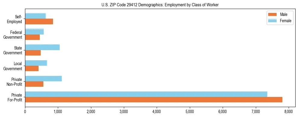 Horizontal bar chart showing employment distribution by class of worker and gender in US ZIP Code 29412, based on 2023 ACS data.