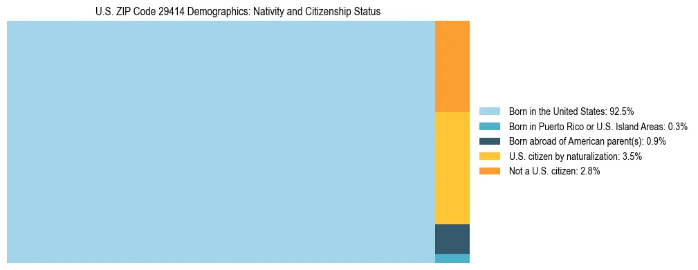 Treemap showing the population distribution by nativity and citizenship status in US ZIP Code 29414 based on U.S. Census data.