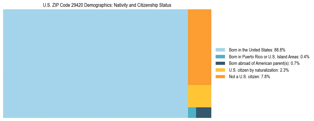 Treemap showing the population distribution by nativity and citizenship status in US ZIP Code 29420 based on U.S. Census data.