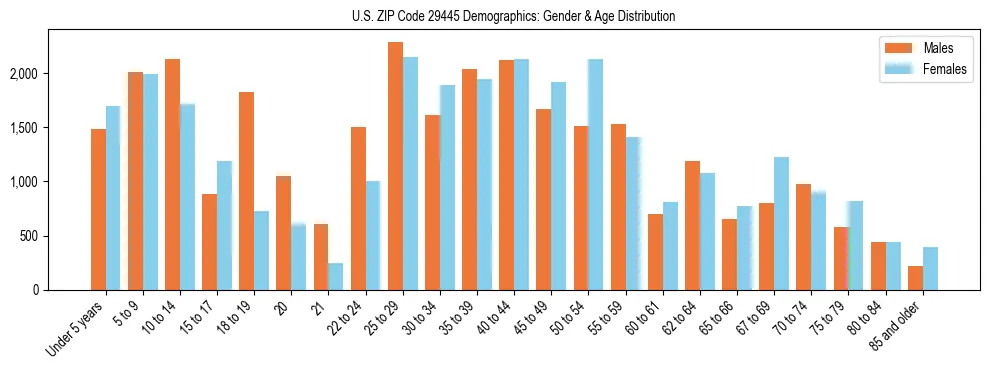 Bar chart showing the population distribution of US ZIP Code 29445 by age group and gender, based on 2023 ACS data.