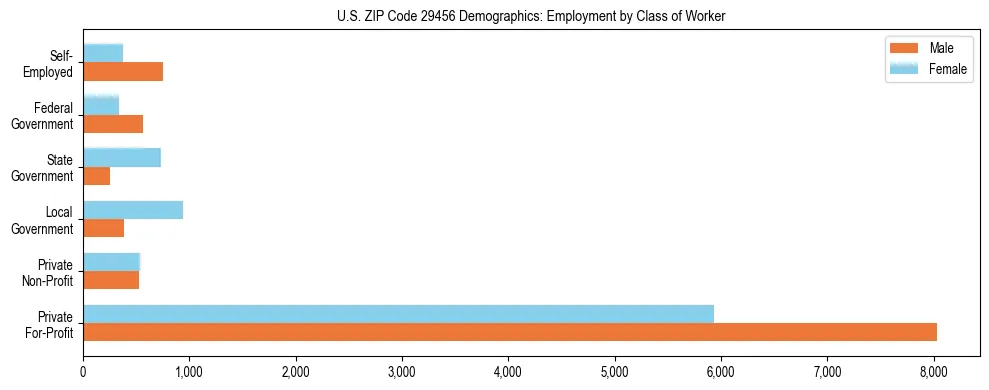 Horizontal bar chart showing employment distribution by class of worker and gender in US ZIP Code 29456, based on 2023 ACS data.