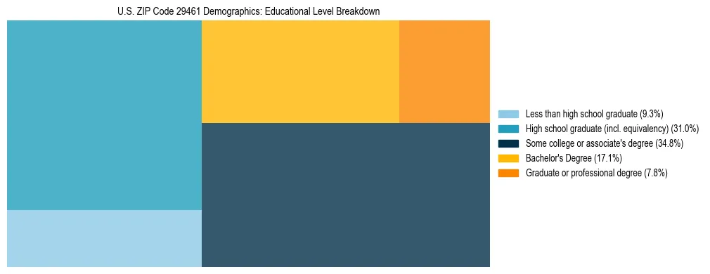 Treemap chart illustrating the educational attainment breakdown for population 25 years and over in US ZIP Code 29461.