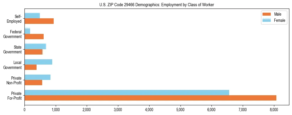 Horizontal bar chart showing employment distribution by class of worker and gender in US ZIP Code 29466, based on 2023 ACS data.