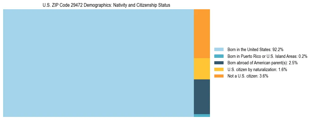 Treemap showing the population distribution by nativity and citizenship status in US ZIP Code 29472 based on U.S. Census data.