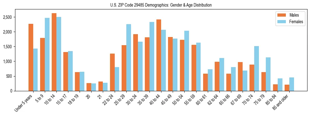 Bar chart showing the population distribution of US ZIP Code 29485 by age group and gender, based on 2023 ACS data.