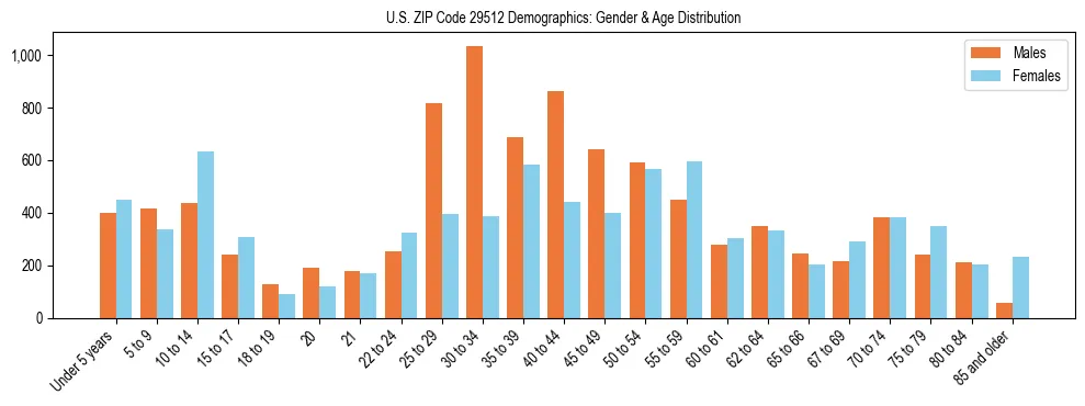 Bar chart showing the population distribution of US ZIP Code 29512 by age group and gender, based on 2023 ACS data.