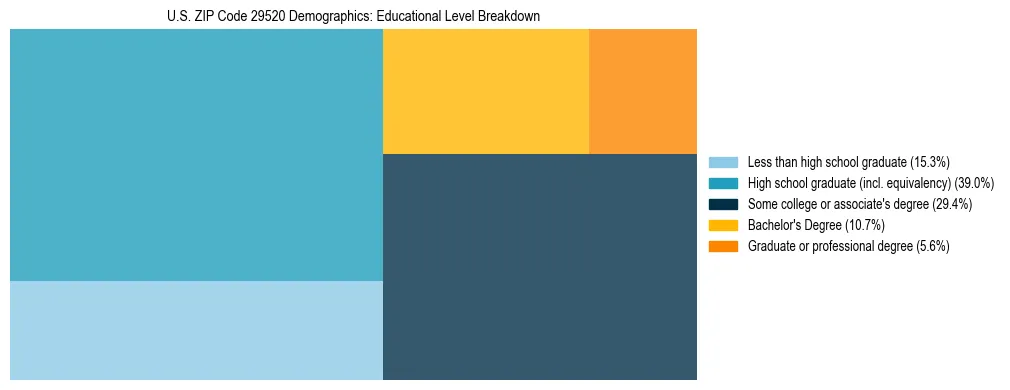 Treemap chart illustrating the educational attainment breakdown for population 25 years and over in US ZIP Code 29520.