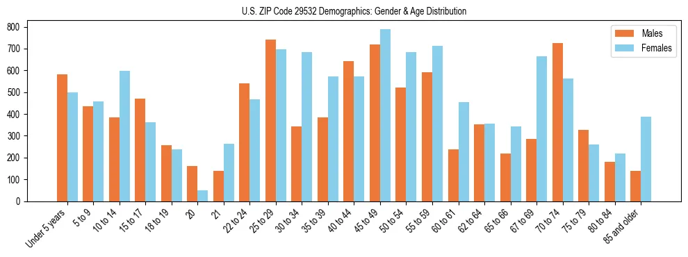 Bar chart showing the population distribution of US ZIP Code 29532 by age group and gender, based on 2023 ACS data.