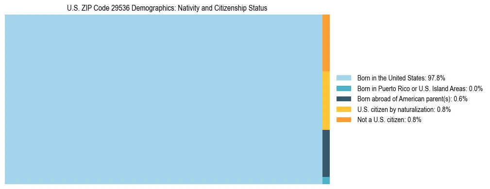 Treemap showing the population distribution by nativity and citizenship status in US ZIP Code 29536 based on U.S. Census data.