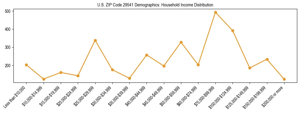 Horizontal bar chart showing household income distribution in US ZIP Code 29541.