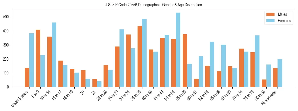 Bar chart showing the population distribution of US ZIP Code 29556 by age group and gender, based on 2023 ACS data.