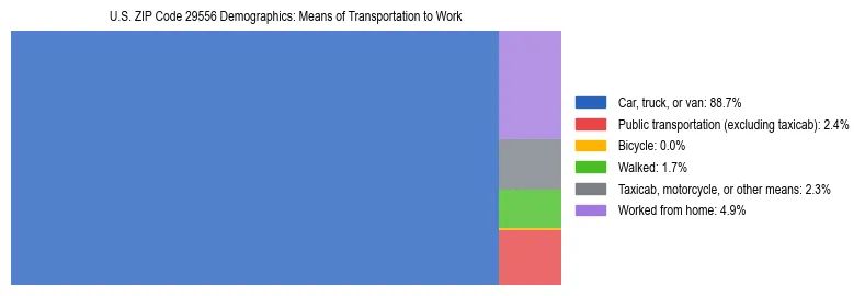 Treemap showing means of transportation to work distribution in US ZIP Code 29556.